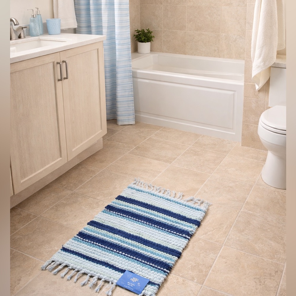 NWT Wild Sage Silvia Stripes Handloomed Blue and White Textured Bath Mat